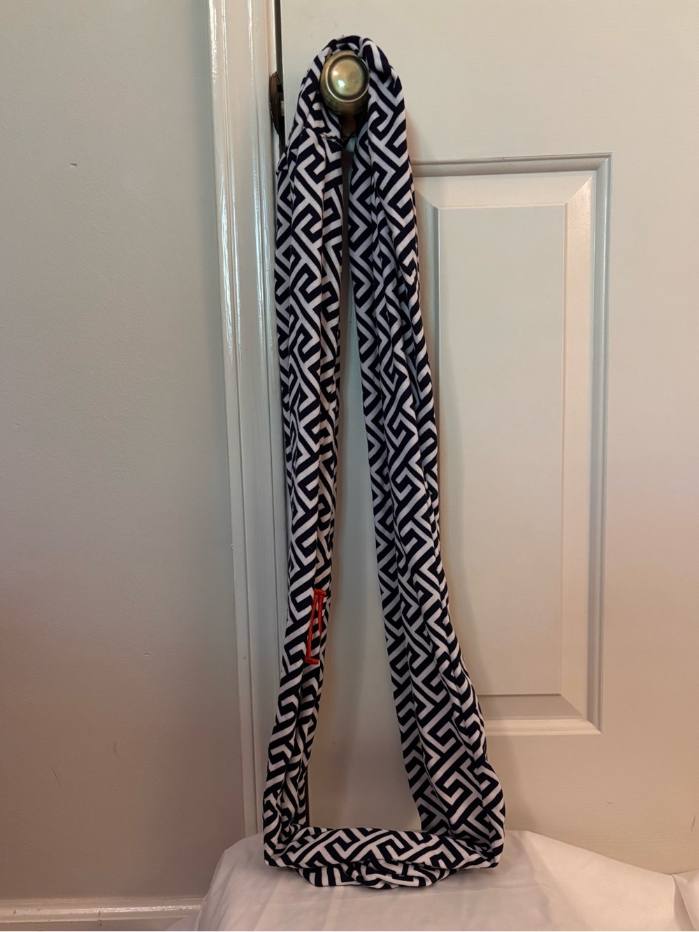 Geometric Navy & White Infinity Scarf with coral M monogram